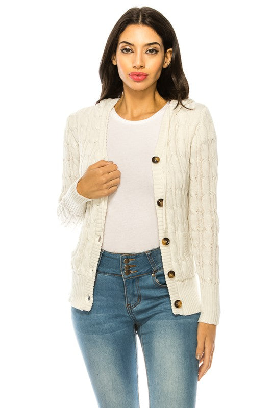 Cable Knit Sweater Hooded Cardigan - Curvy