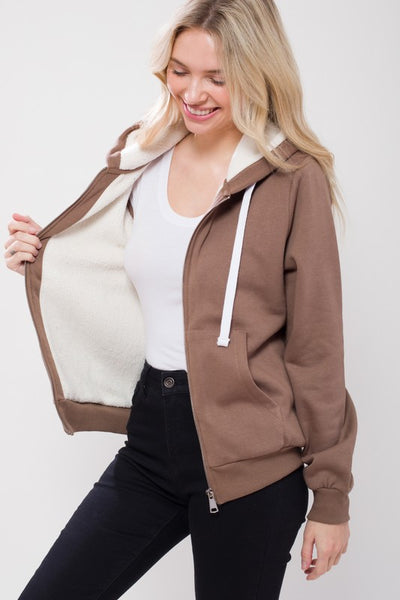 Sherpa Lined Zip Up Hoodie Sweatshirt Jacket