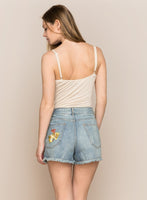 FLORAL EMBROIDERED DENIM SHORTS