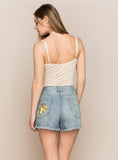 FLORAL EMBROIDERED DENIM SHORTS