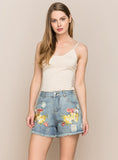 FLORAL EMBROIDERED DENIM SHORTS