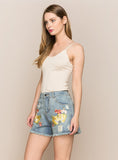 FLORAL EMBROIDERED DENIM SHORTS