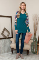 Solid Floral Contrast Long Sleeve Top