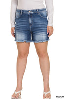 ZENANA PLUS MID RISE RAW FRAYED HEM DENIM SHORTS