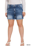 ZENANA PLUS MID RISE RAW FRAYED HEM DENIM SHORTS