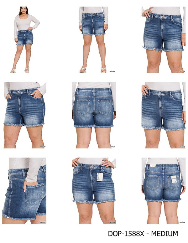 ZENANA PLUS MID RISE RAW FRAYED HEM DENIM SHORTS
