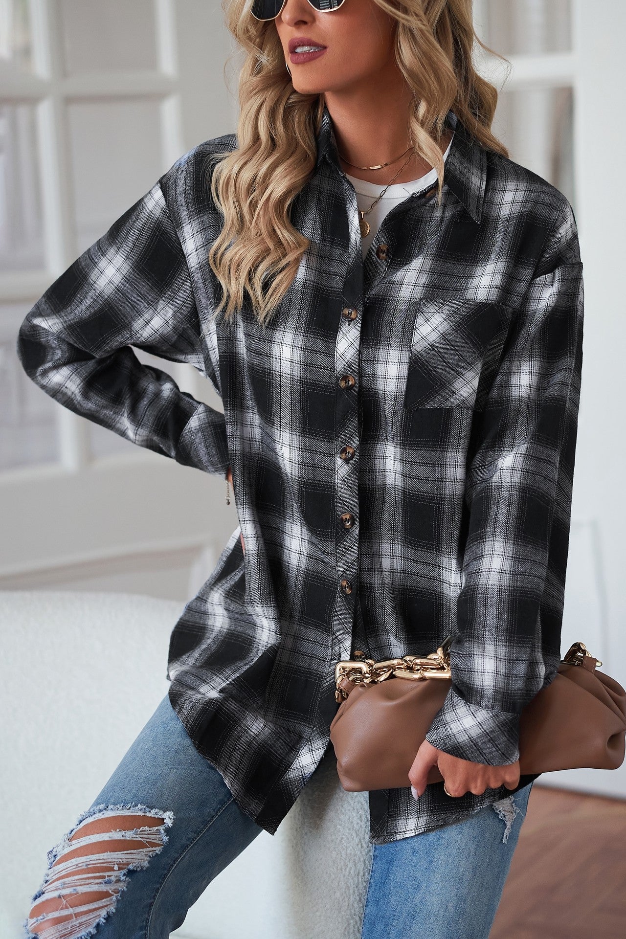 Plaid Curved Hem Longline Shirt