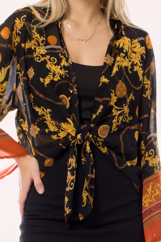 Crepe Chiffon Open Front Tie Kimono Cardigan