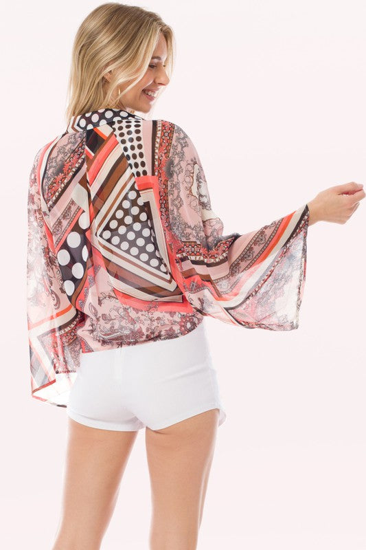 Crepe Chiffon Open Front Tie Kimono Cardigan