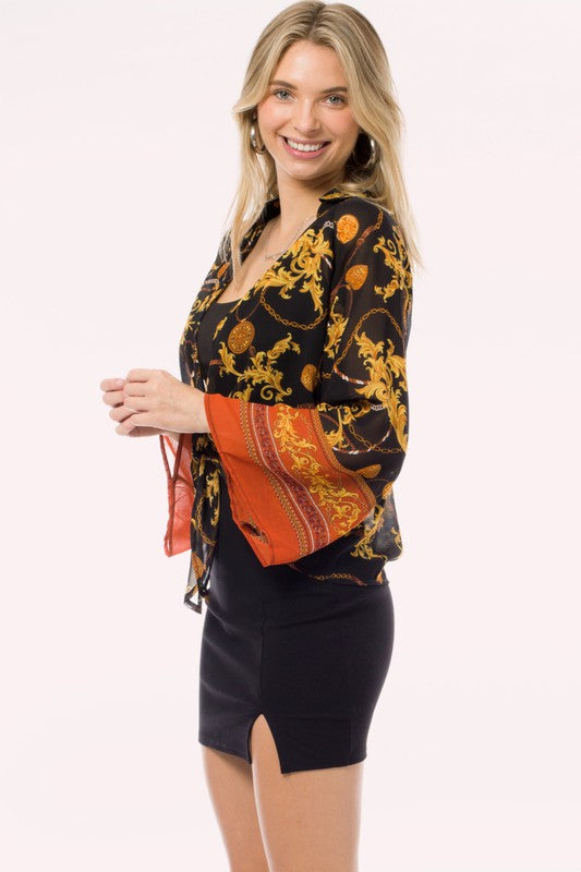 Crepe Chiffon Open Front Tie Kimono Cardigan