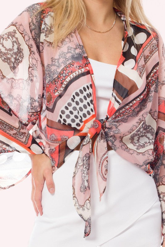 Crepe Chiffon Open Front Tie Kimono Cardigan