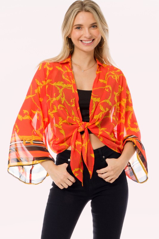 Crepe Chiffon Open Front Tie Kimono Cardigan