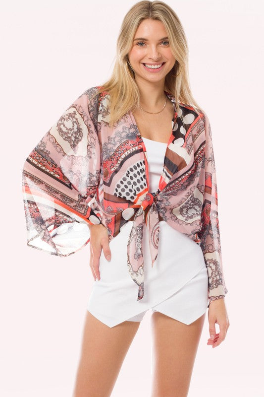 Crepe Chiffon Open Front Tie Kimono Cardigan