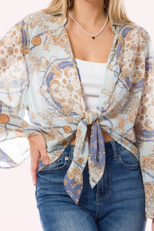 Crepe Chiffon Open Front Tie Kimono Cardigan