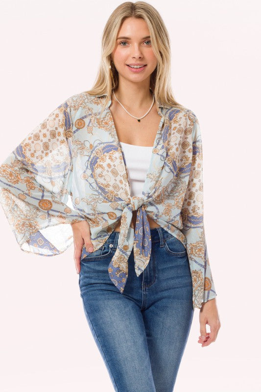 Crepe Chiffon Open Front Tie Kimono Cardigan