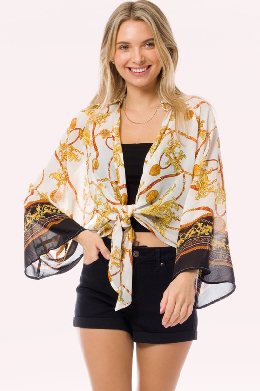 Crepe Chiffon Open Front Tie Kimono Cardigan