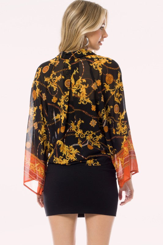 Crepe Chiffon Open Front Tie Kimono Cardigan