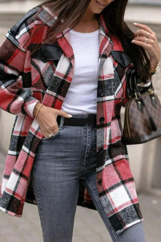 OVERSIZED PLAID PRINT BUTTON FRONT FLAP DETAIL SHACKET