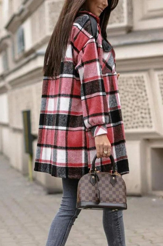 OVERSIZED PLAID PRINT BUTTON FRONT FLAP DETAIL SHACKET