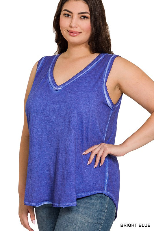 ZENANA PLUS WASHED RAW EDGE V-NECK TANK TOP