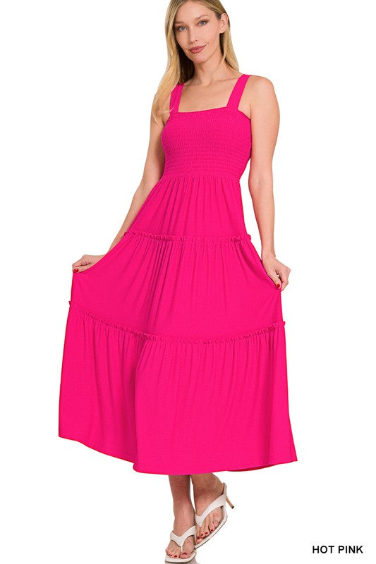 ZENANA SMOCKED TIERED MIDI DRESS