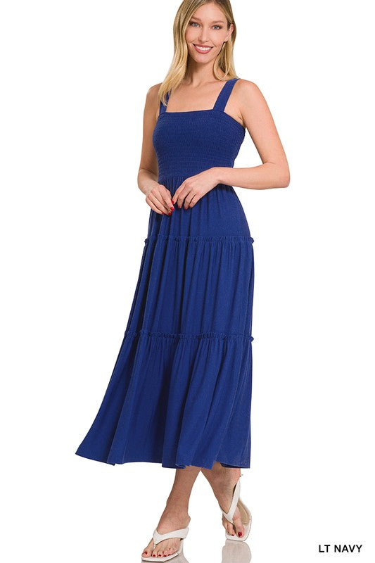 ZENANA SMOCKED TIERED MIDI DRESS