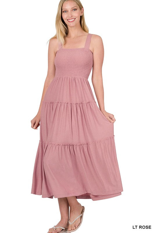ZENANA SMOCKED TIERED MIDI DRESS