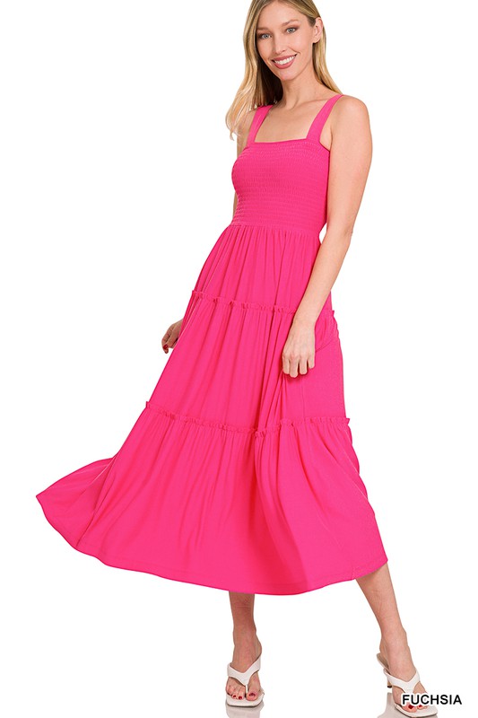 ZENANA SMOCKED TIERED MIDI DRESS