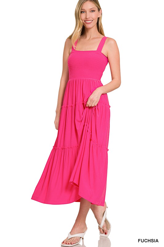 ZENANA SMOCKED TIERED MIDI DRESS