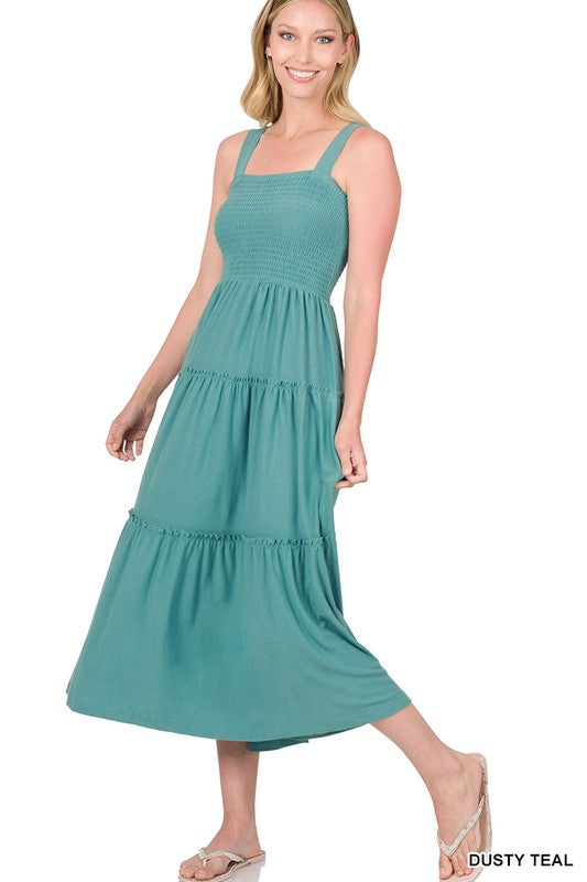 ZENANA SMOCKED TIERED MIDI DRESS