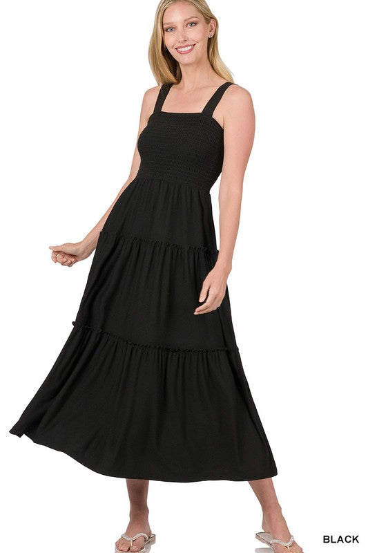 ZENANA SMOCKED TIERED MIDI DRESS