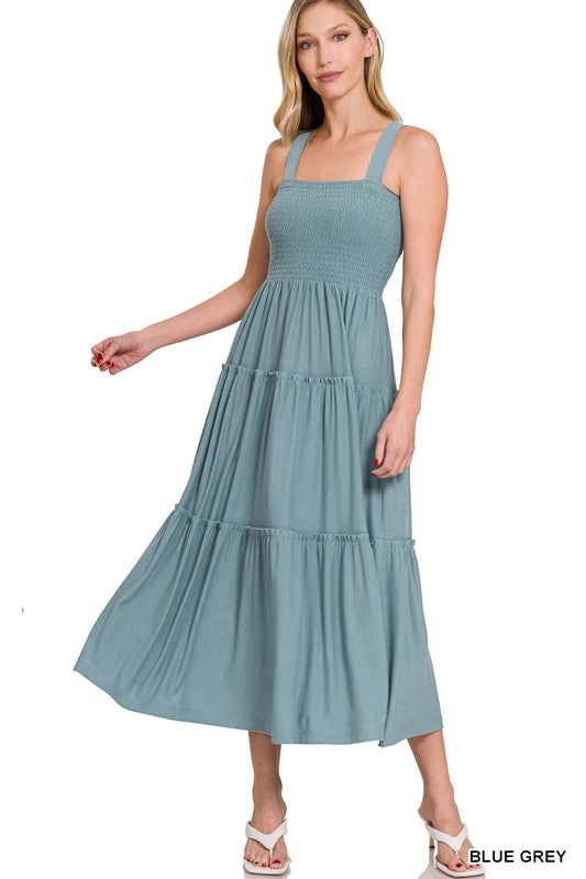 ZENANA SMOCKED TIERED MIDI DRESS