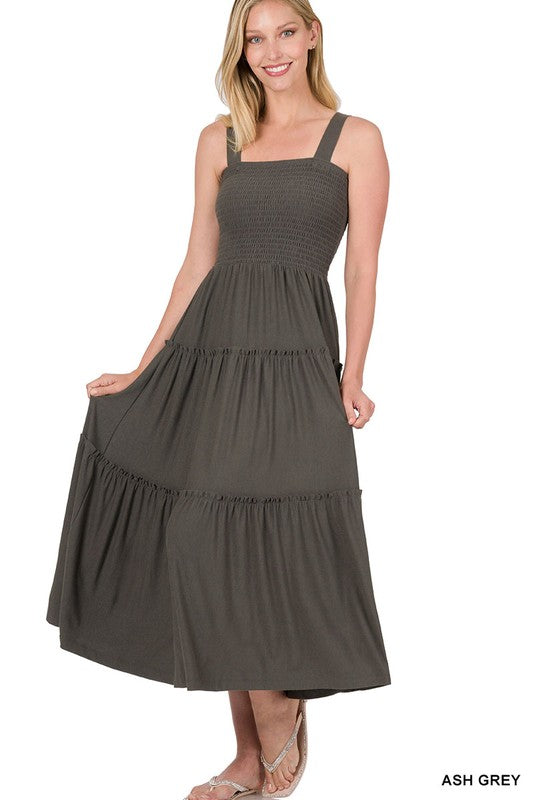 ZENANA SMOCKED TIERED MIDI DRESS