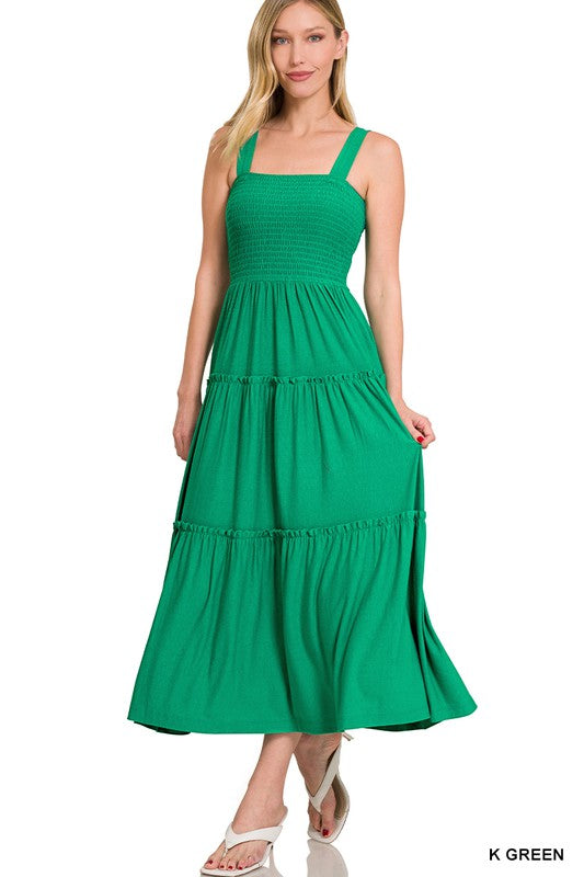 ZENANA SMOCKED TIERED MIDI DRESS
