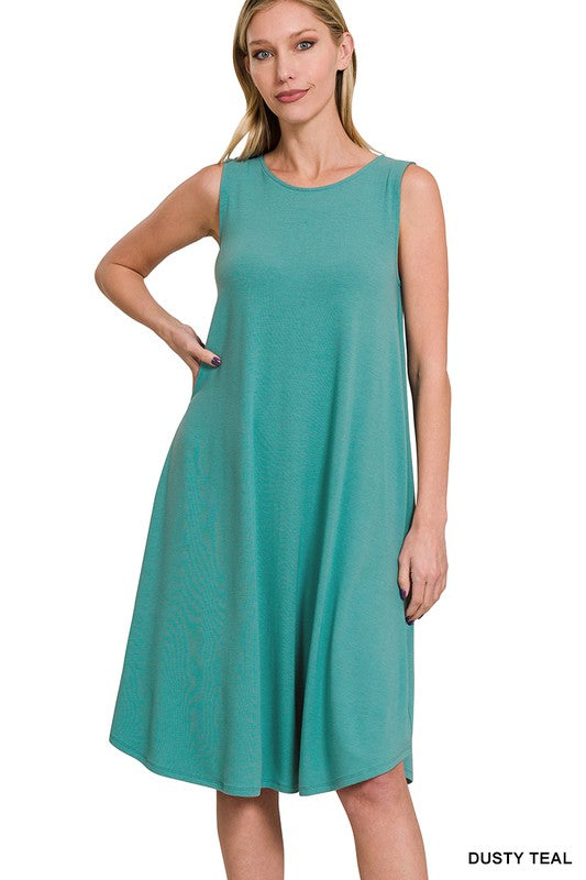 ZENANA SLEEVELESS ROUND NECK ROUND HEM MIDI DRESS