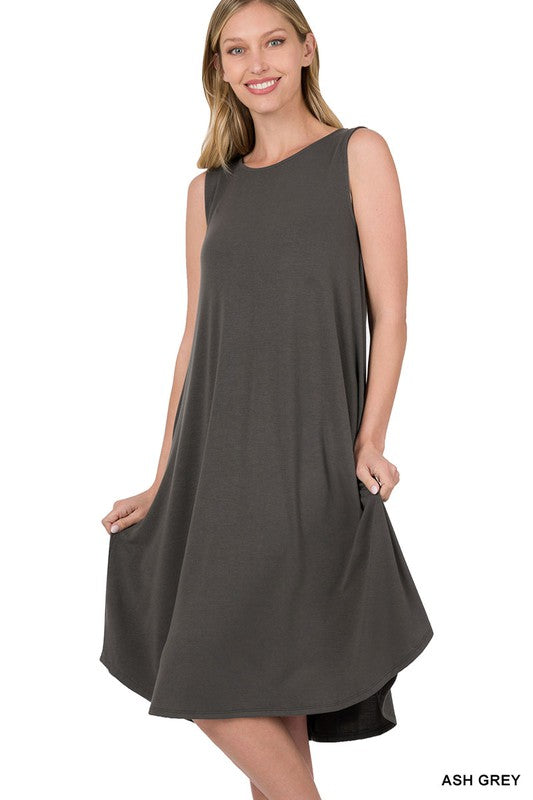 ZENANA SLEEVELESS ROUND NECK ROUND HEM MIDI DRESS