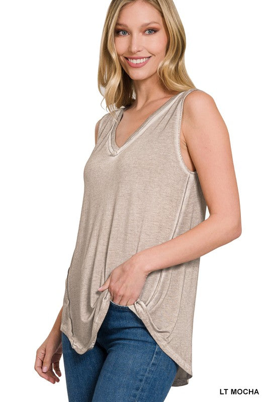 ZENANA WASHED SLEEVELESS V-NECK TOP W HI-LOW HEM