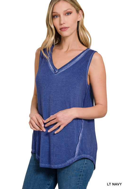 ZENANA WASHED SLEEVELESS V-NECK TOP W HI-LOW HEM