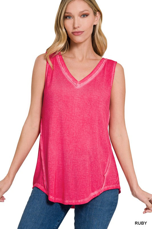 ZENANA WASHED SLEEVELESS V-NECK TOP W HI-LOW HEM