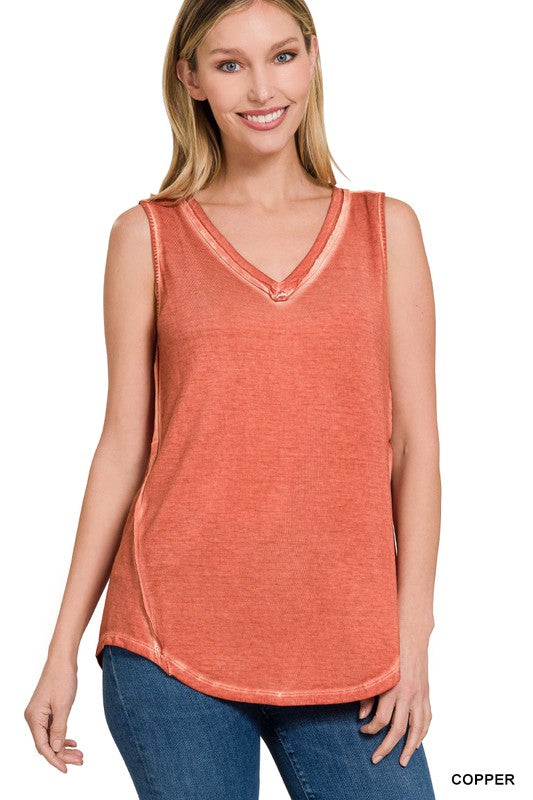 ZENANA WASHED SLEEVELESS V-NECK TOP W HI-LOW HEM