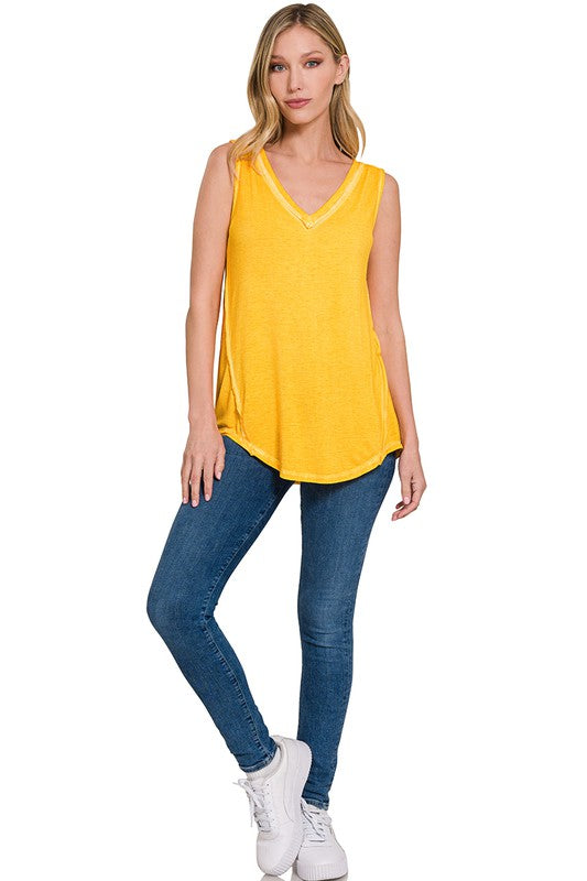 ZENANA WASHED SLEEVELESS V-NECK TOP W HI-LOW HEM