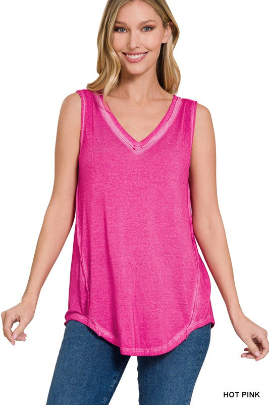 ZENANA WASHED SLEEVELESS V-NECK TOP W HI-LOW HEM