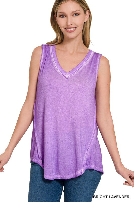 ZENANA WASHED SLEEVELESS V-NECK TOP W HI-LOW HEM