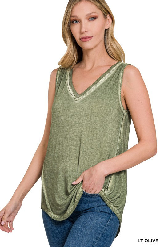 ZENANA WASHED SLEEVELESS V-NECK TOP W HI-LOW HEM