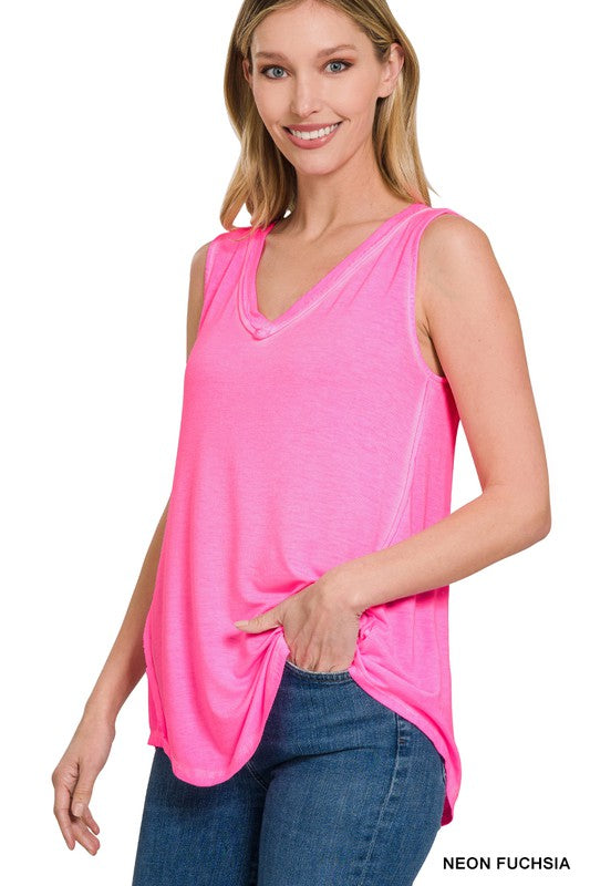 ZENANA WASHED SLEEVELESS V-NECK TOP W HI-LOW HEM