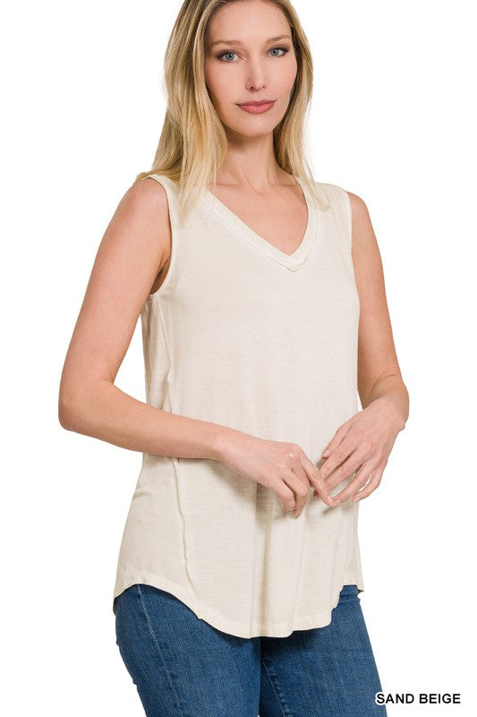 ZENANA WASHED SLEEVELESS V-NECK TOP W HI-LOW HEM