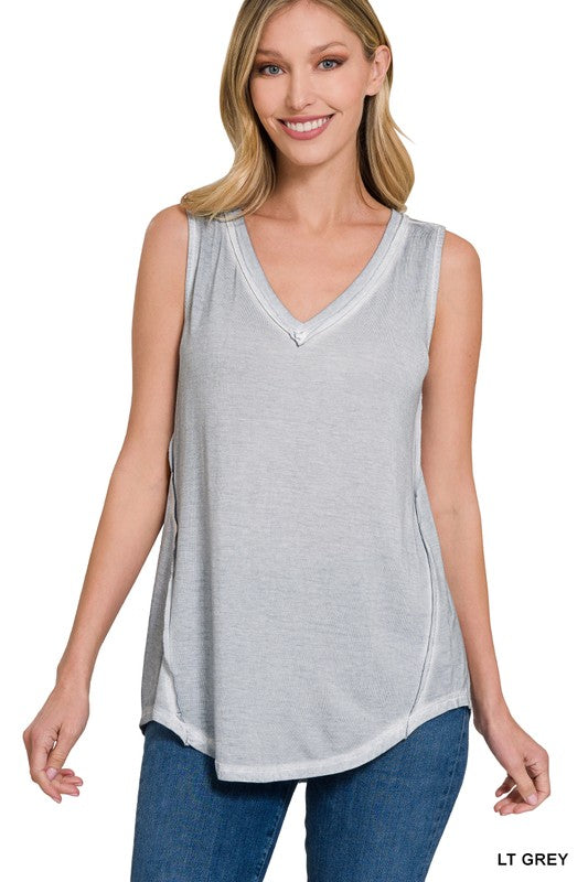 ZENANA WASHED SLEEVELESS V-NECK TOP W HI-LOW HEM