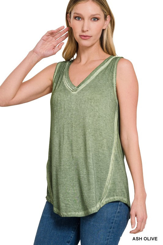 ZENANA WASHED SLEEVELESS V-NECK TOP W HI-LOW HEM