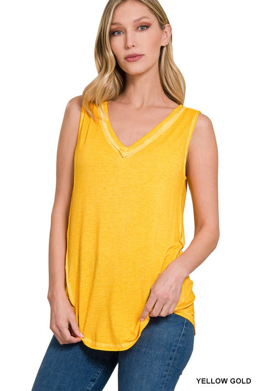 ZENANA WASHED SLEEVELESS V-NECK TOP W HI-LOW HEM