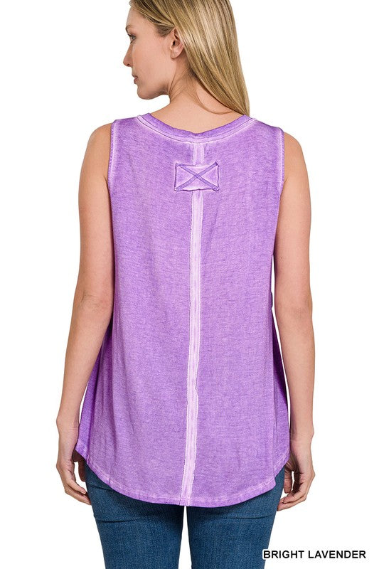 ZENANA WASHED SLEEVELESS V-NECK TOP W HI-LOW HEM
